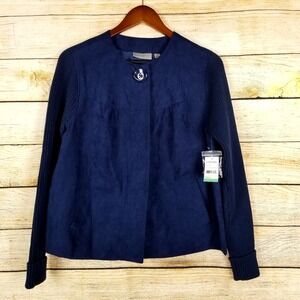Studio Works Jacket Womens Size 8 Dark‎ Blue Navy Faux Suede Knit Sleeves NWT